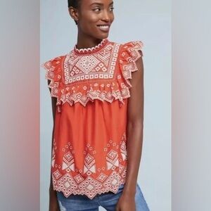 Anthropologie Featherbone Embroidered Orange Ruffle Top Boho Size 6